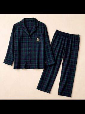 Lauren Ralph Lauren Plaid Pajama Set 3X Green Tartan Crest Button Front Comfy